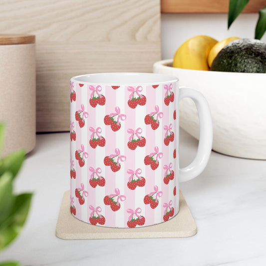 Strawberry Bow With Stripes Ceramic Mug || 350ML