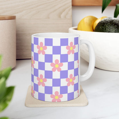 Purple Checks With Pink Flower Ceramic Mug || 350ML