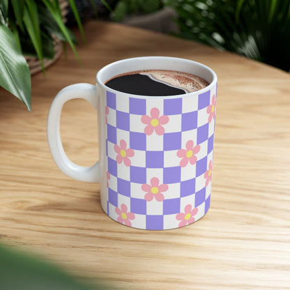 Purple Checks With Pink Flower Ceramic Mug || 350ML