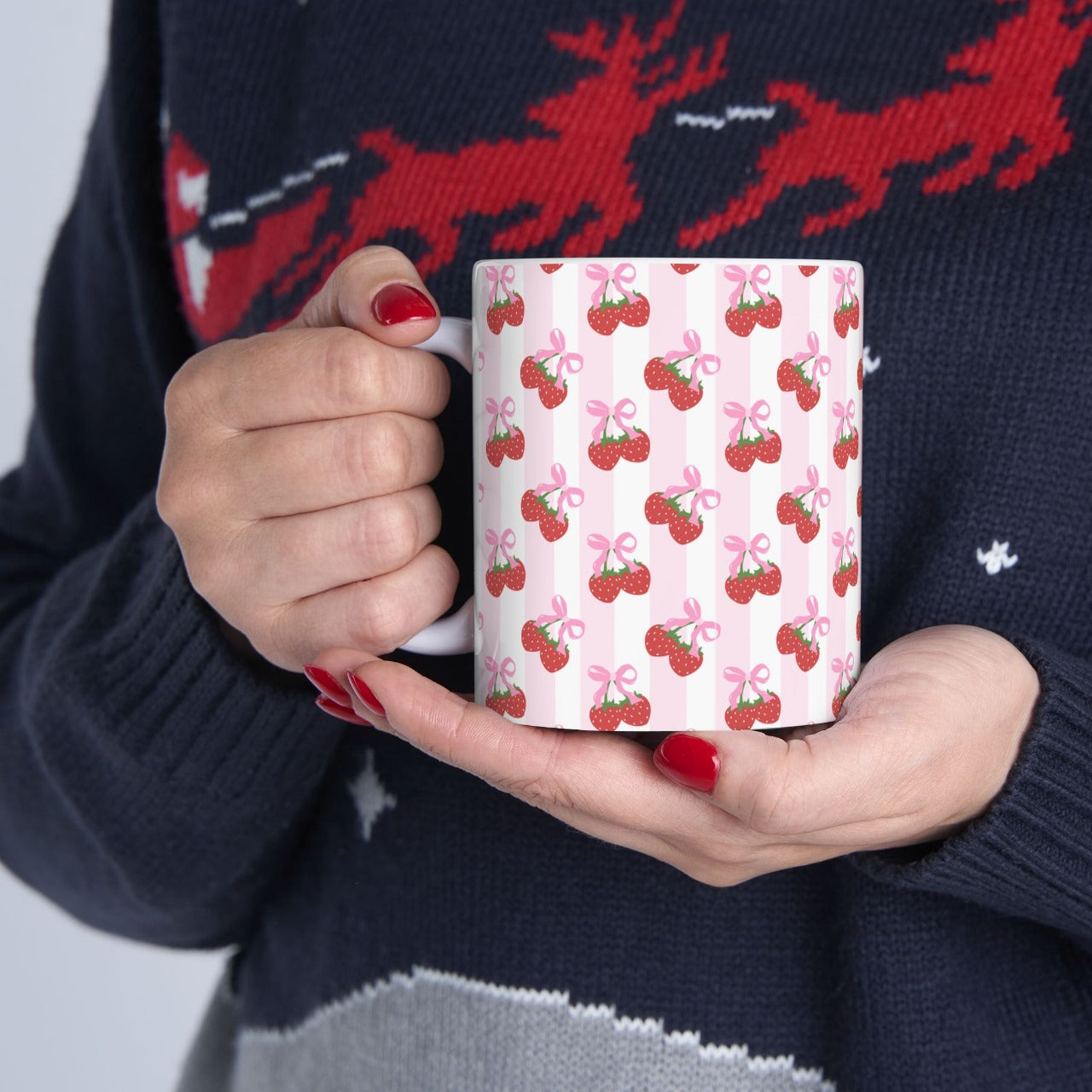 Strawberry Bow With Stripes Ceramic Mug || 350ML