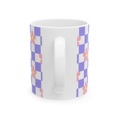 Purple Checks With Pink Flower Ceramic Mug || 350ML