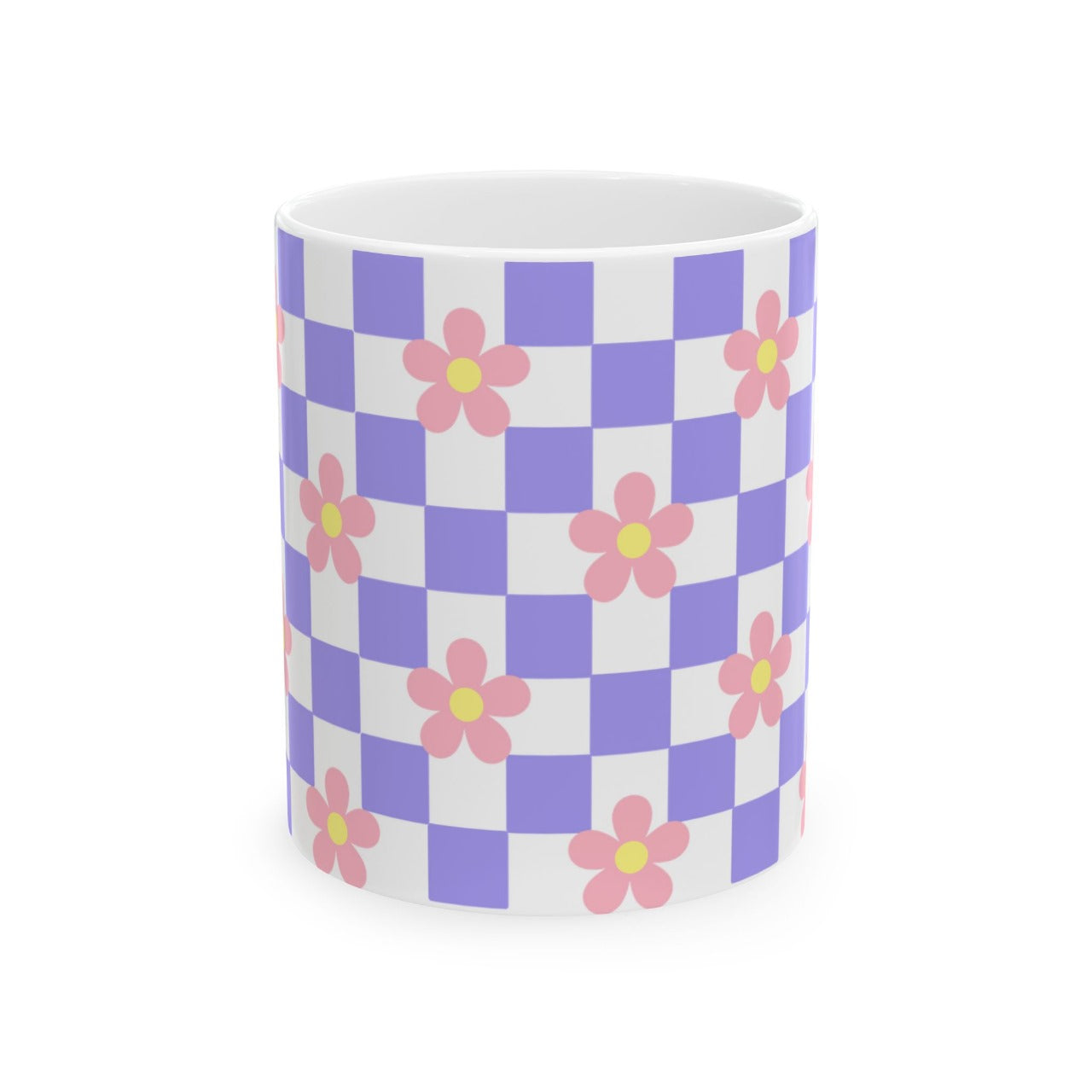 Purple Checks With Pink Flower Ceramic Mug || 350ML