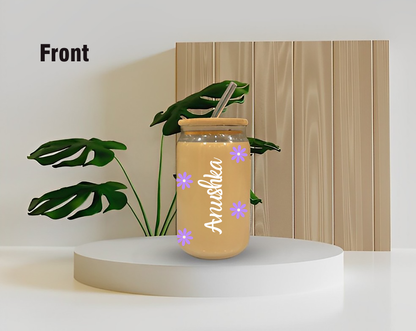 Personalized With Purple Flowers Tumbler || (Lid & Straw Included) || 540ML || Borosilicate Glass