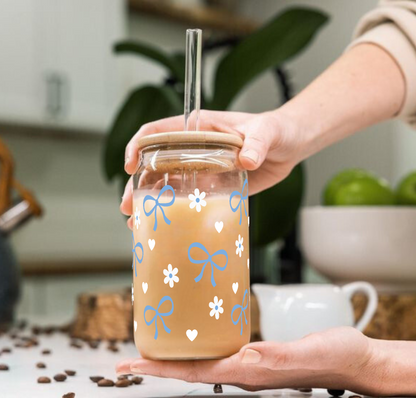 Blue Bow with White Flowers Tumbler || (Lid & Straw Included) || 540ML || Borosilicate Glass