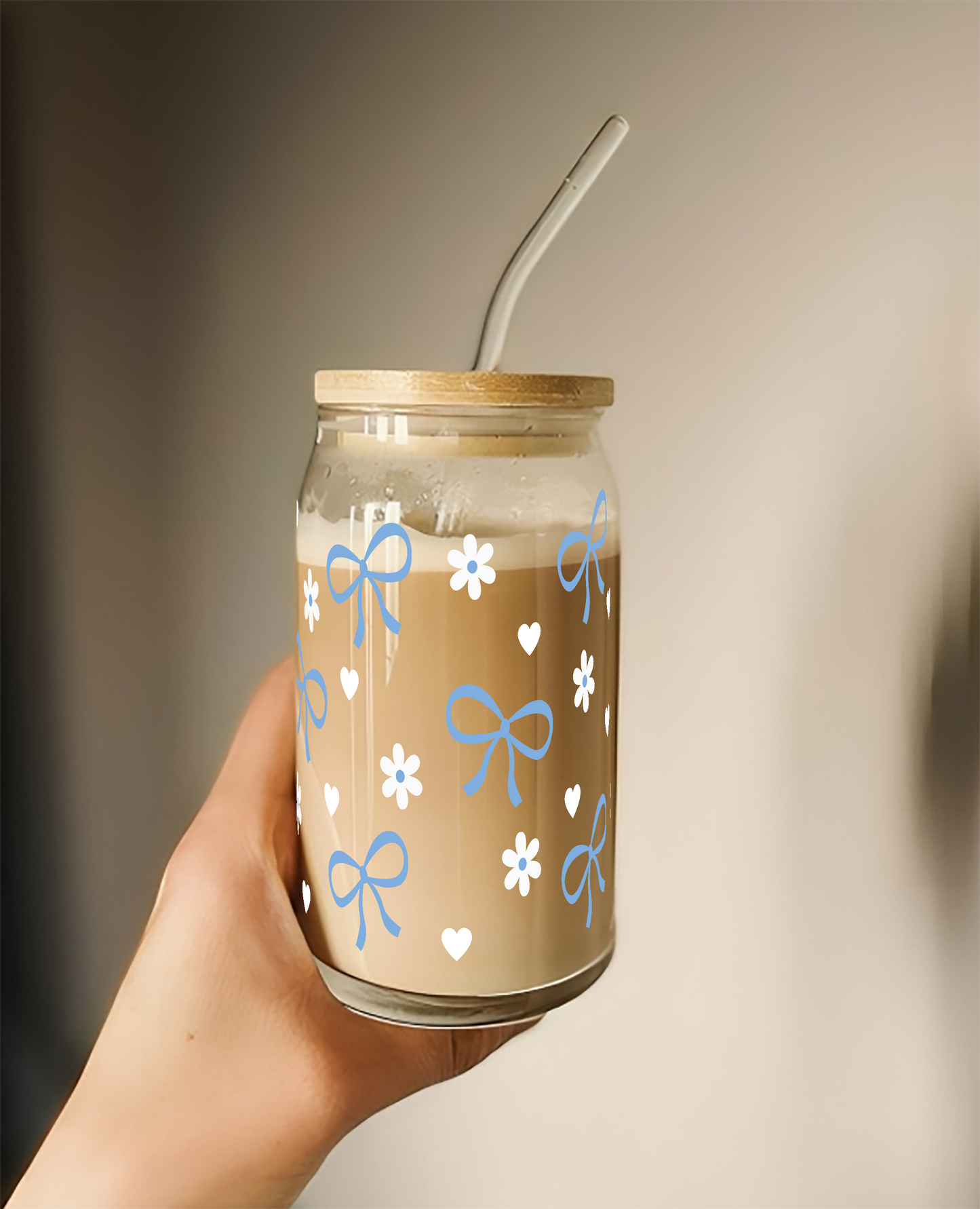 Blue Bow with White Flowers Tumbler || (Lid & Straw Included) || 540ML || Borosilicate Glass