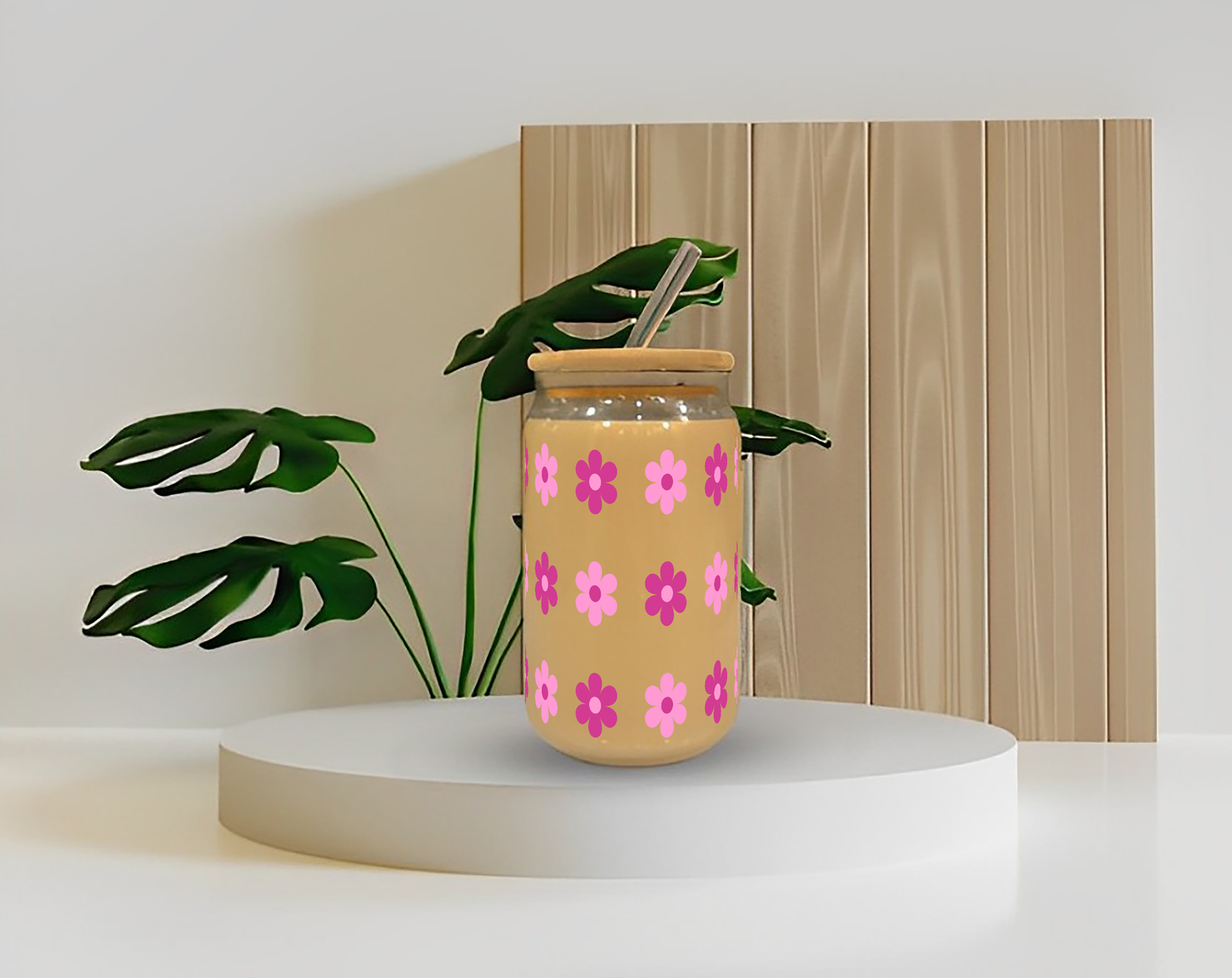 Light And Dark Pink Flowers Tumbler || (Lid & Straw Included) || 540ML || Borosilicate Glass