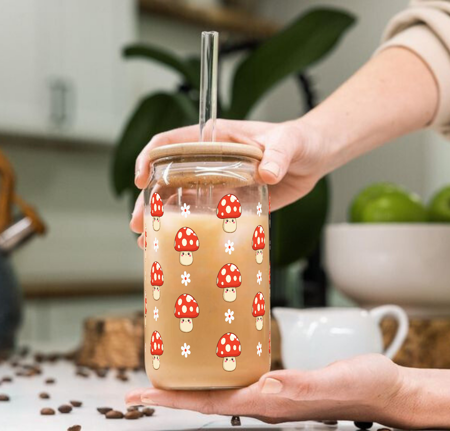 Mushrooms Tumbler || (Lid & Straw Included) || 540ML || Borosilicate Glass