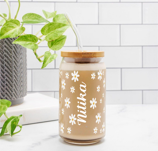 Personalized With White Flowers Tumbler || (Lid & Straw Included) || 540ML || Borosilicate Glass