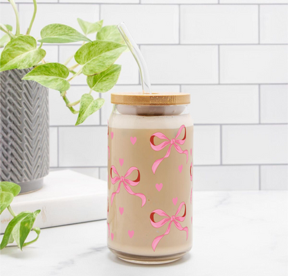 Pink Bow Tumbler || (Lid & Straw Included) || 540ML || Borosilicate Glass